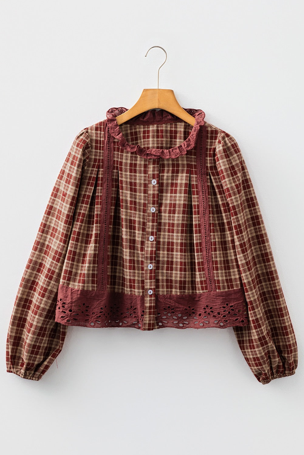 Plaid Eyelet Lace Trim Button Down Loose Long Sleeve Shirt