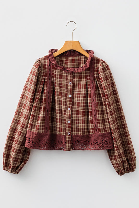 Plaid Eyelet Lace Trim Button Down Loose Long Sleeve Shirt