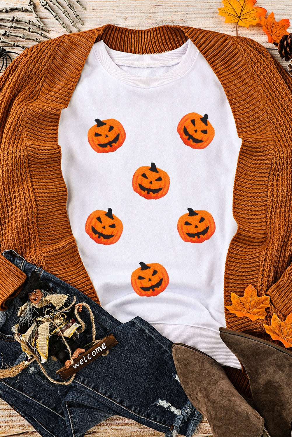 White Pumpkin Face Patched Pattern Halloween Crew Neck Sweatshirt