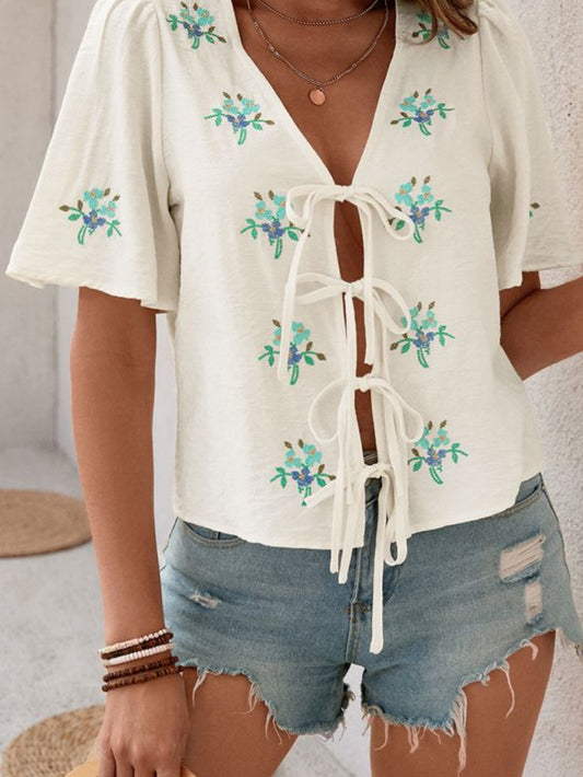 White Floral Front Bow Tie Blouse