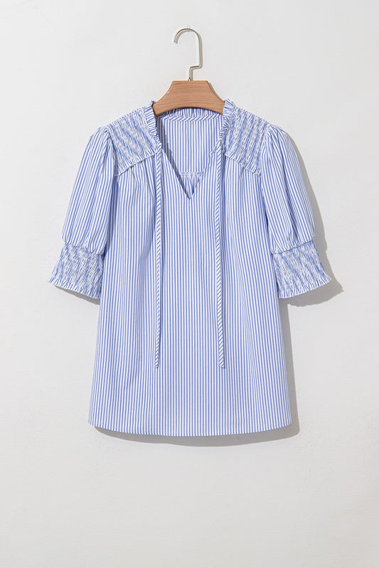 Blue Stripe Shirred Detail V Neck Puff Half Sleeve V Neck Blouse