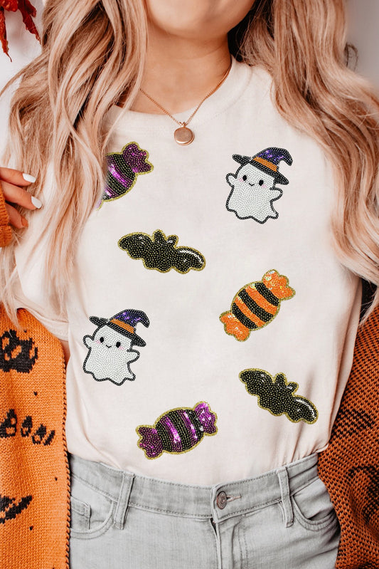 White Sequined Halloween Spirit Pattern Patched Tee