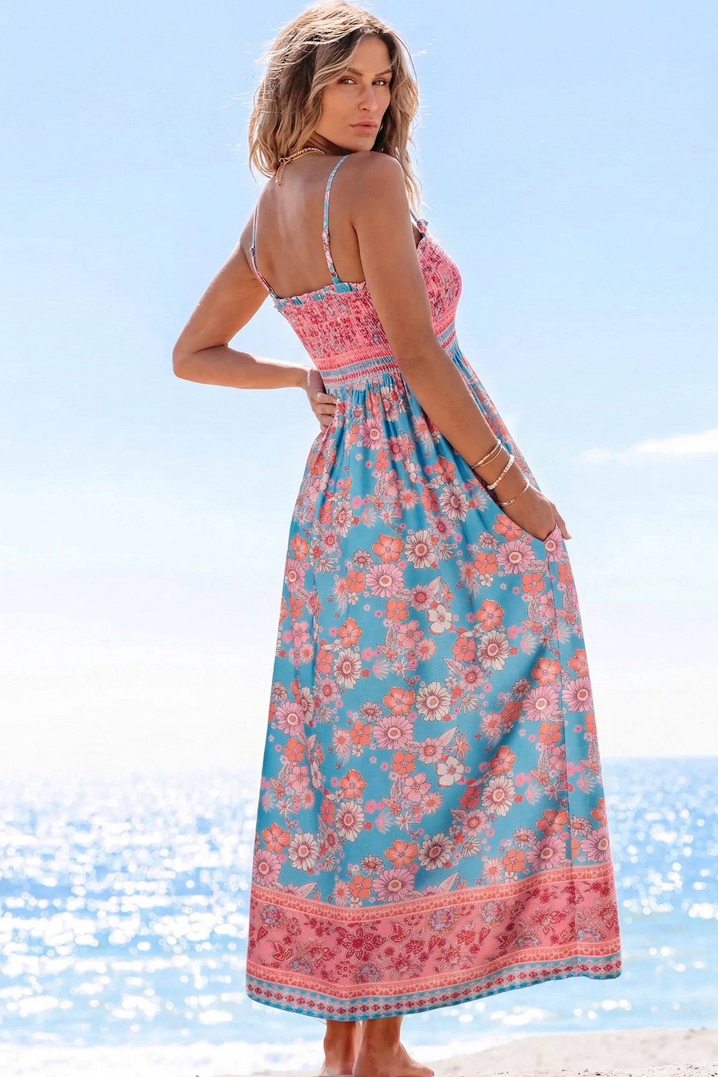 Blue Boho Print Spaghetti Straps Maxi Dress