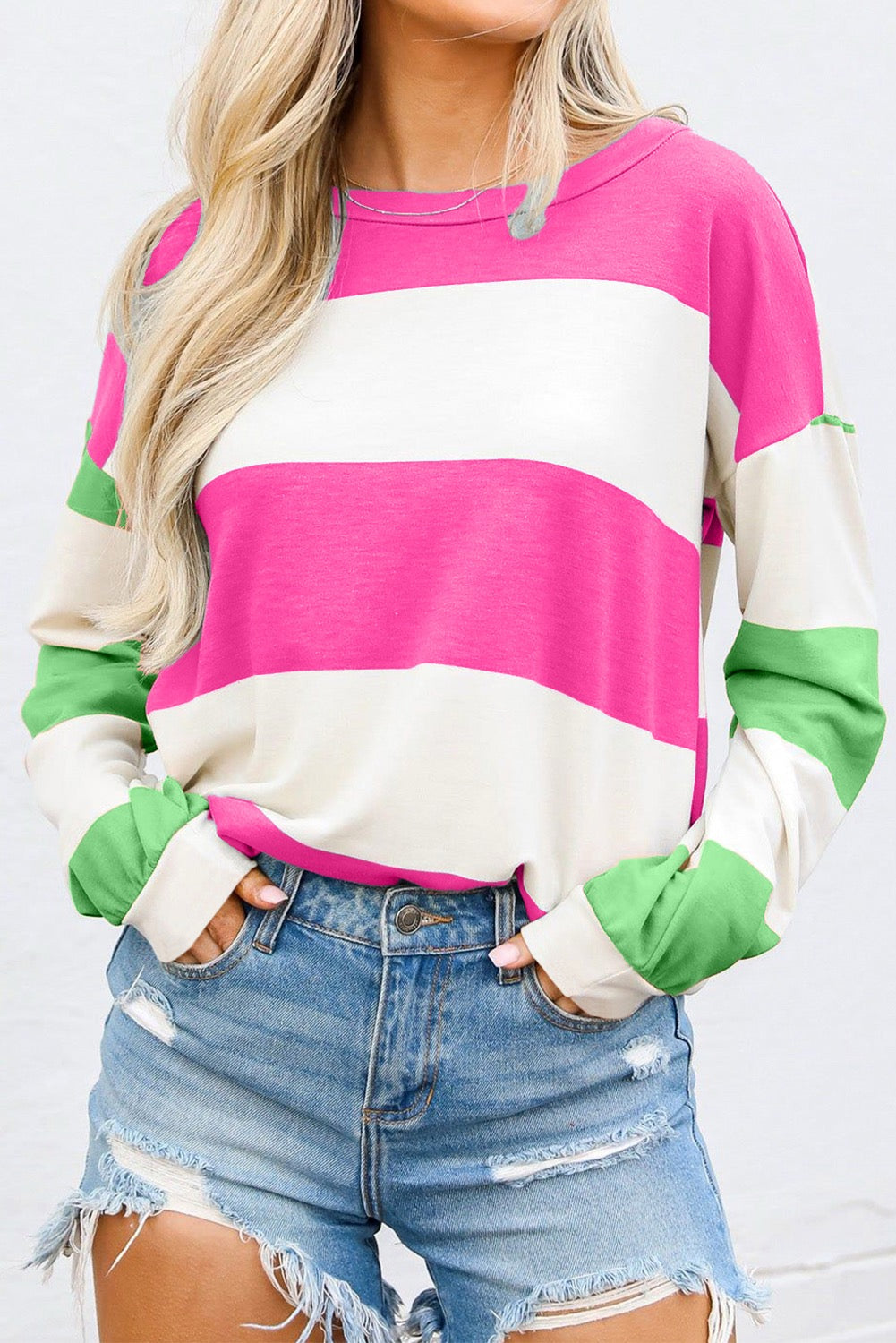 Hot Pink Colorblock Striped Drop Shoulder Long Sleeve Top