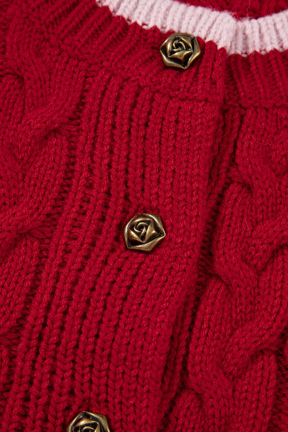 Red Color Contrast Edge Cable Knit Buttoned Cardigan