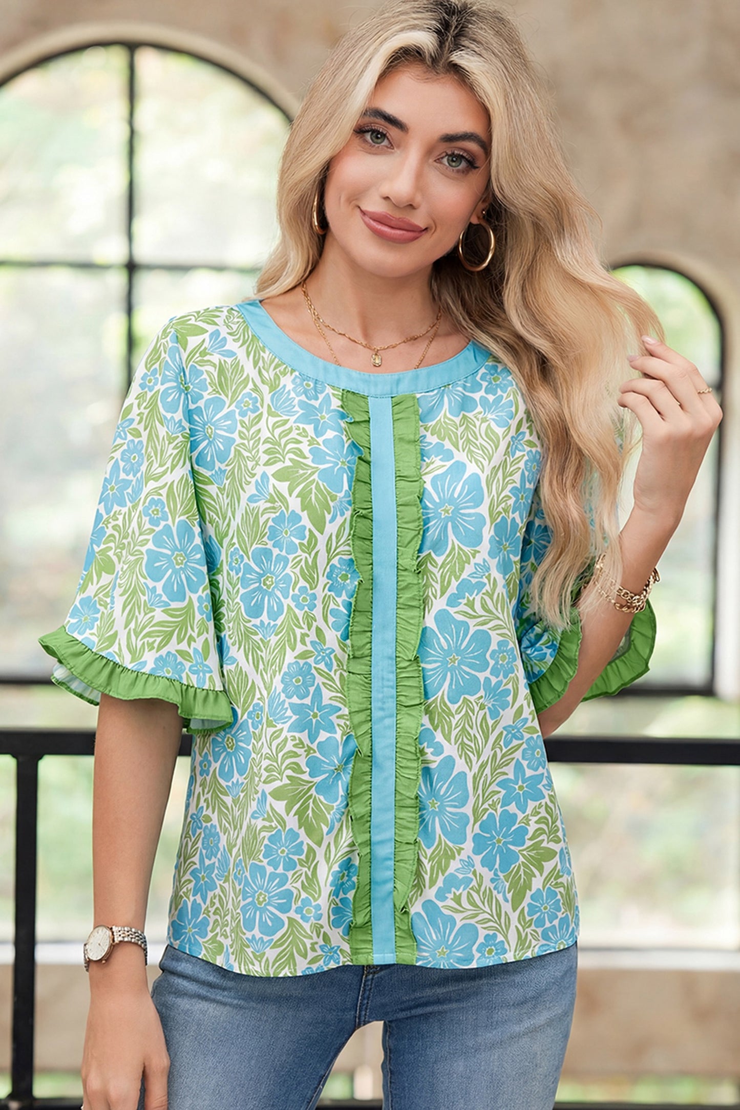 Blue Floral Print Ruffled Color Block Trim Half Sleeve Blouse