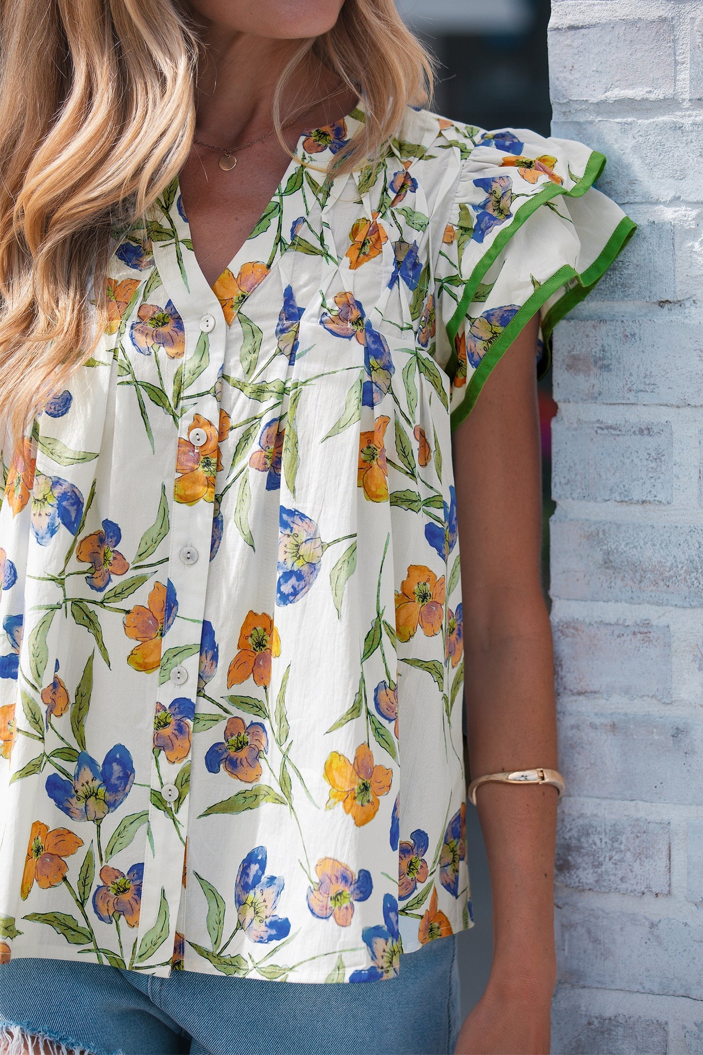 Green Floral Print Ruffle V-Neck Pressed Pleats Blouse