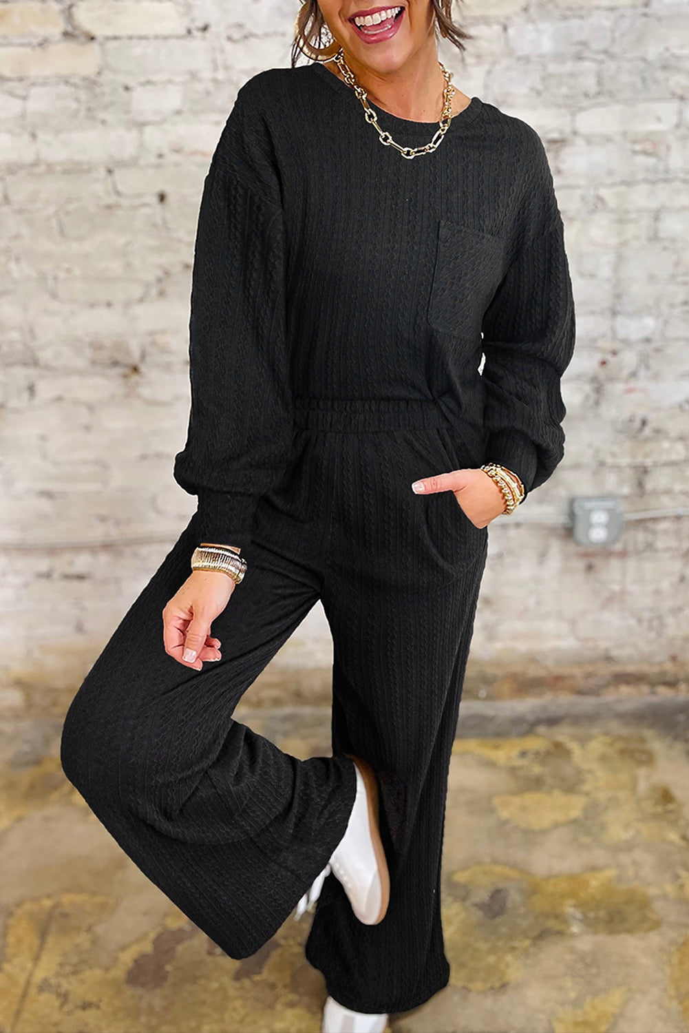 Pants Set Black Textured Chest Pocket Long Sleeve