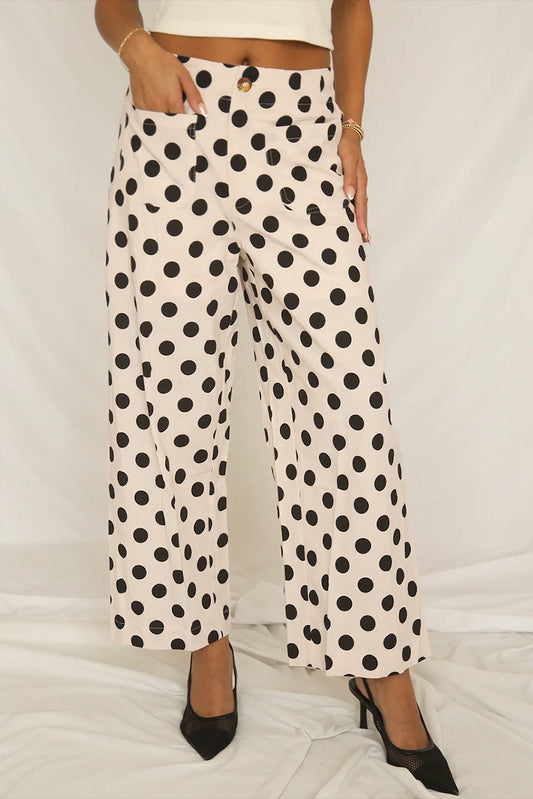 White Polka Dot Print Patched Pocket Loose Fit Pants