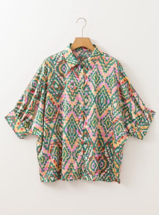 Dark Green Print Button Up Top