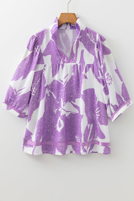 Split Neck Blouse Purple Leafy Print 3/4 Sleeve Striped Trim