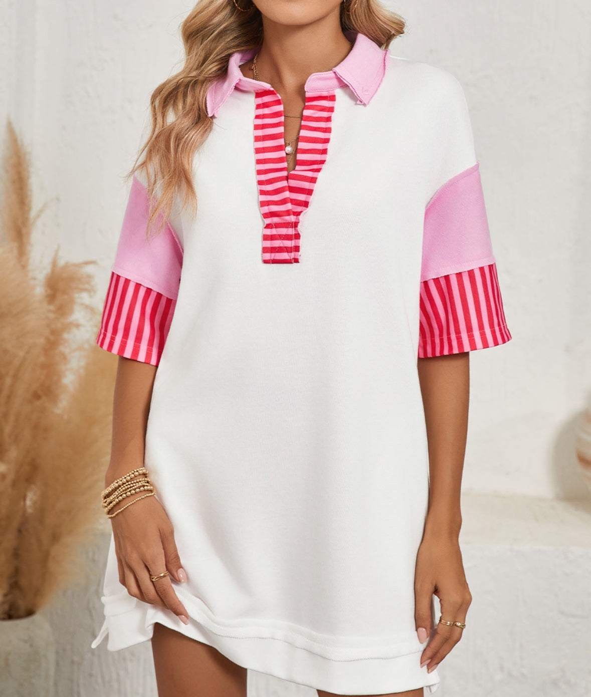 White Colorblock Collared Dress