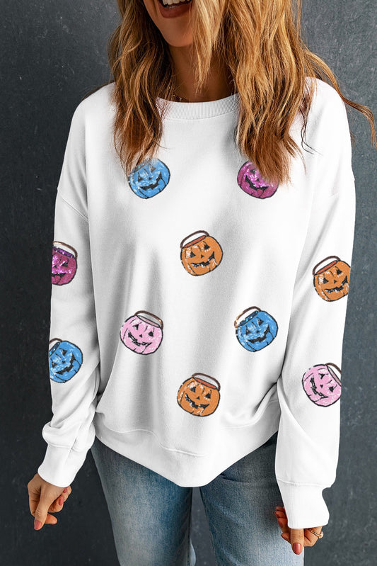 White Halloween Pumpkin Lantern Sequin Sweatshirt