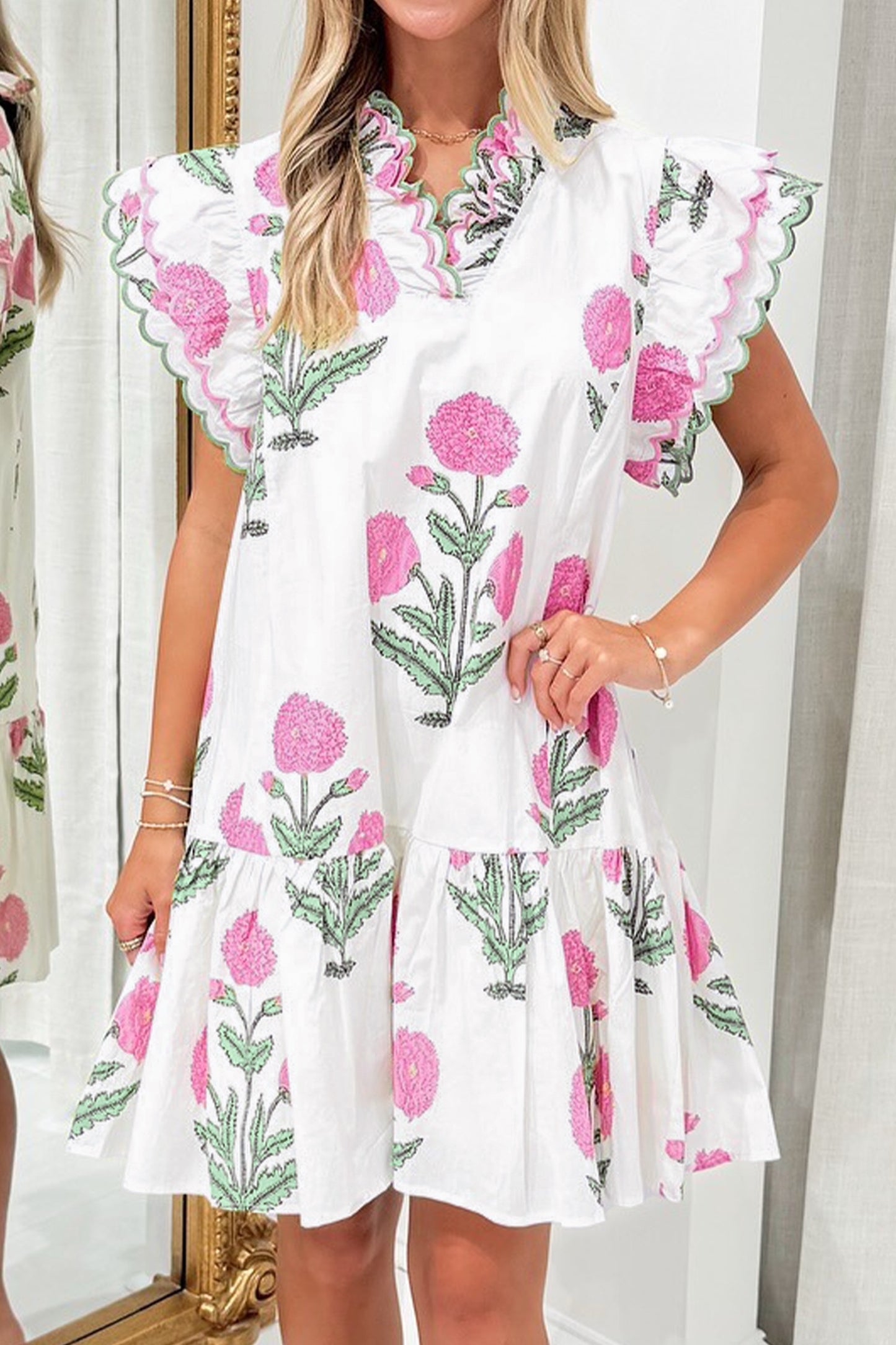 Floral Print Scalloped Embroidery Trim V Neck Drop Waist Dress