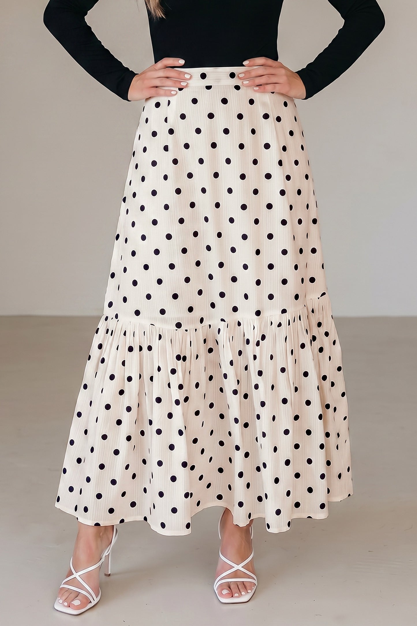 White Polka Dot Ruffled Slit Maxi