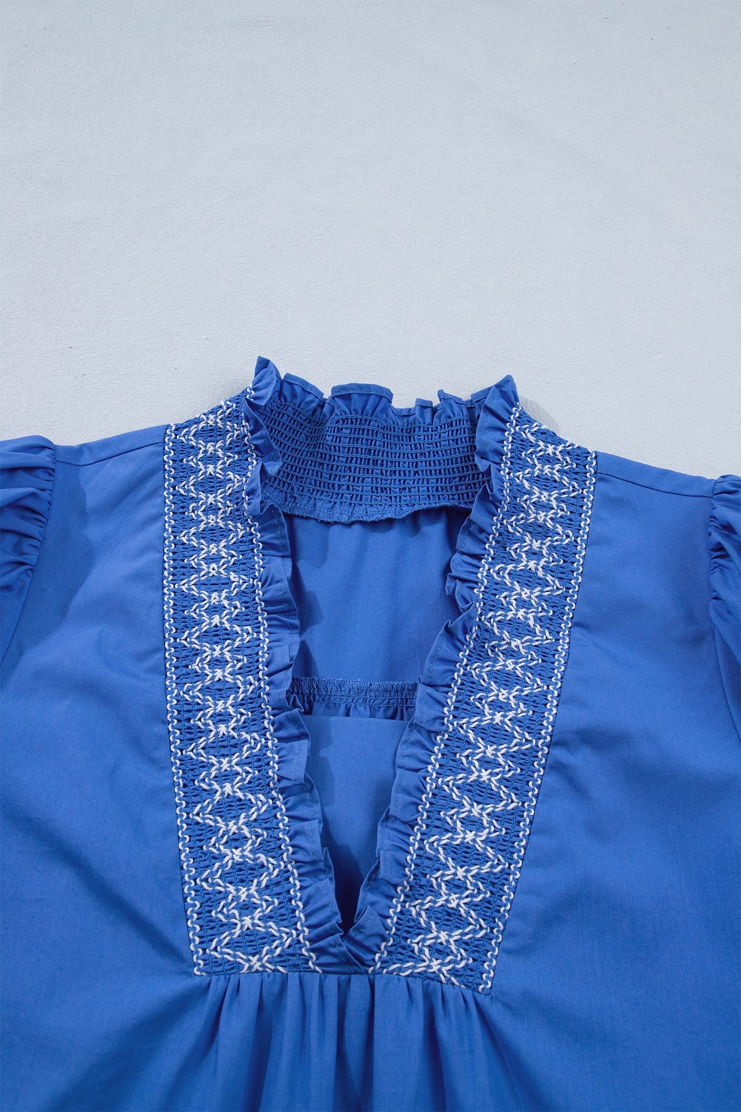 Blue Embroidered Smocked Detail V Neck Short Puff Sleeve Dress