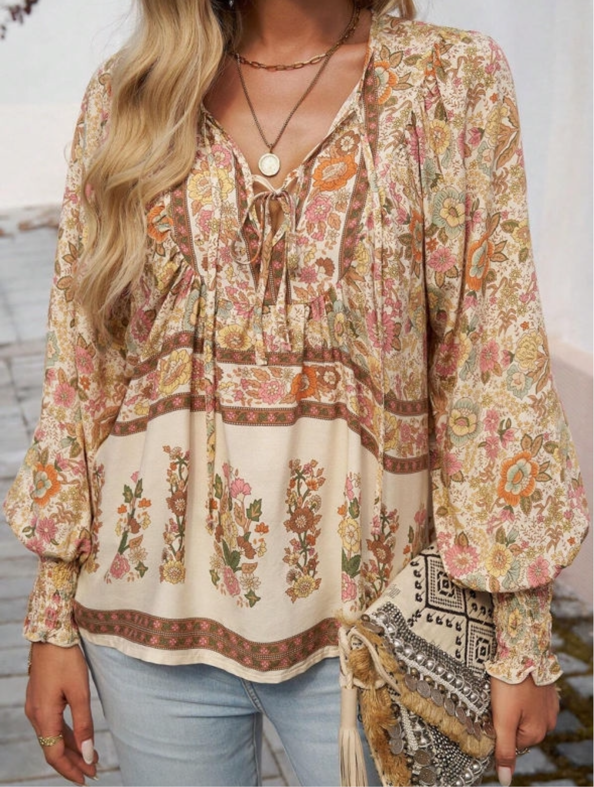 Yellow Floral Lantern Sleeve Blouse