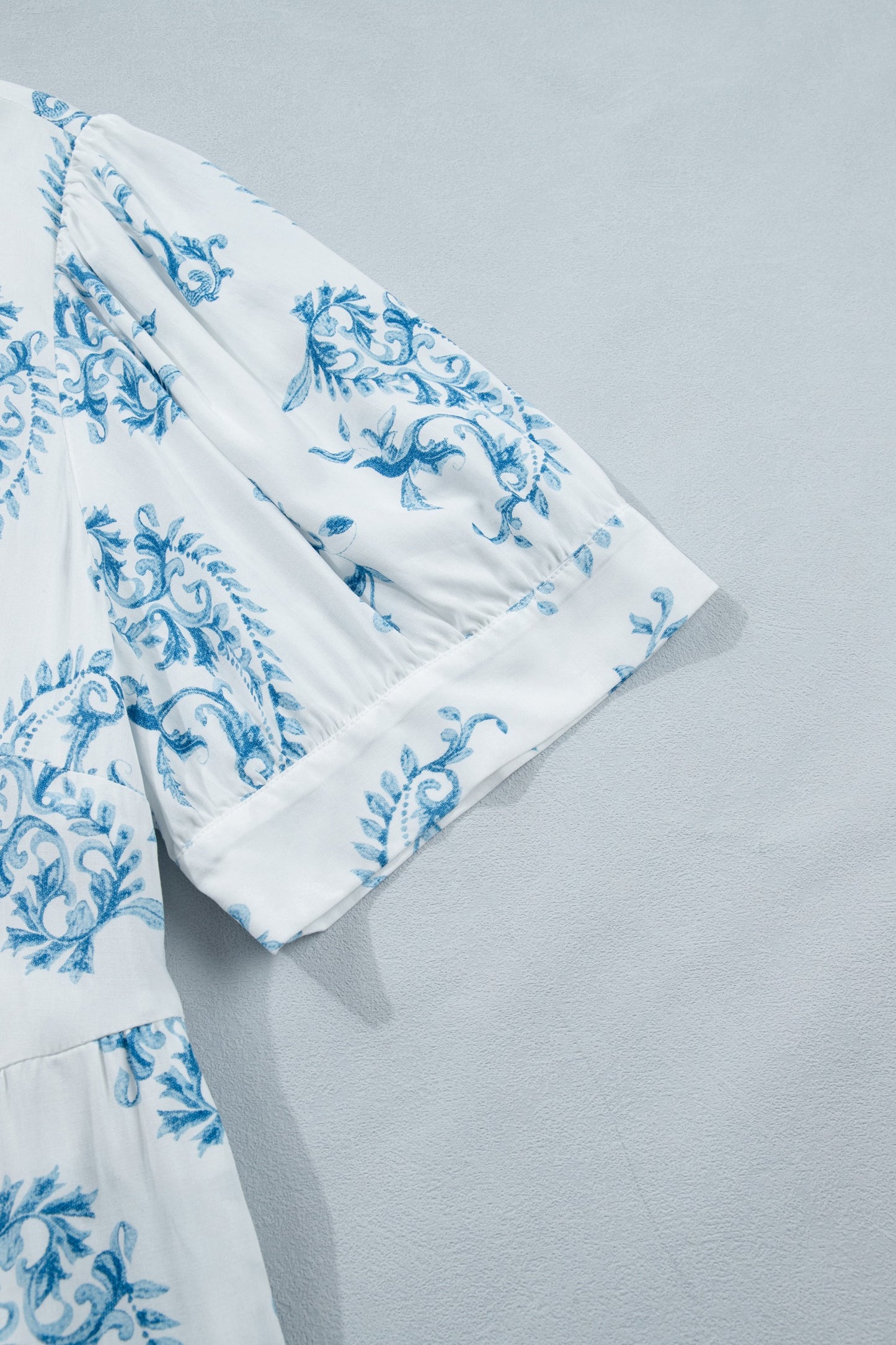 Sky Blue Plus Size Geometric Floral Print Button Split Neck Short Sleeve Maxi Dress (ships mid April)