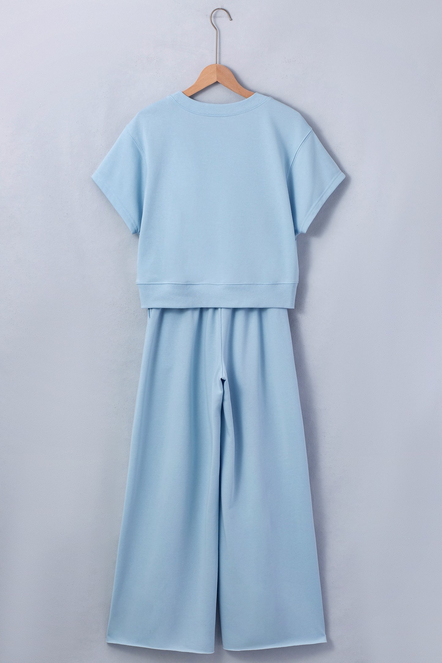 Blue Solid Color Loose Tee Drawstring Wide Leg Pant Set