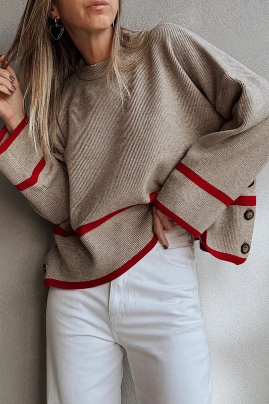 Taupe Ribbed Knit Contrasted Stripe Detail Button Side Loose Sweater