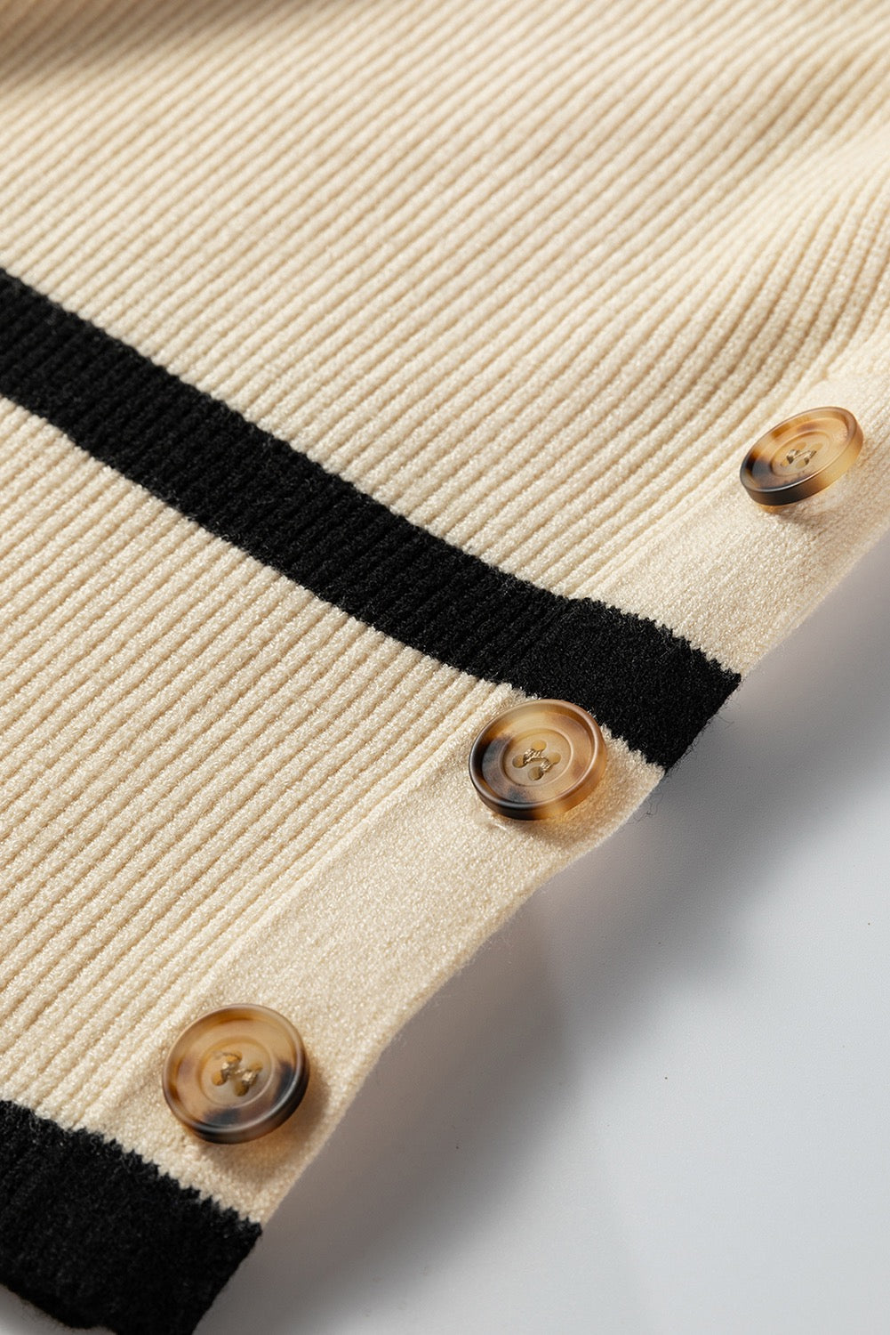 Beige Ribbed Knit Contrasted Stripe Detail Button Side Loose Sweater