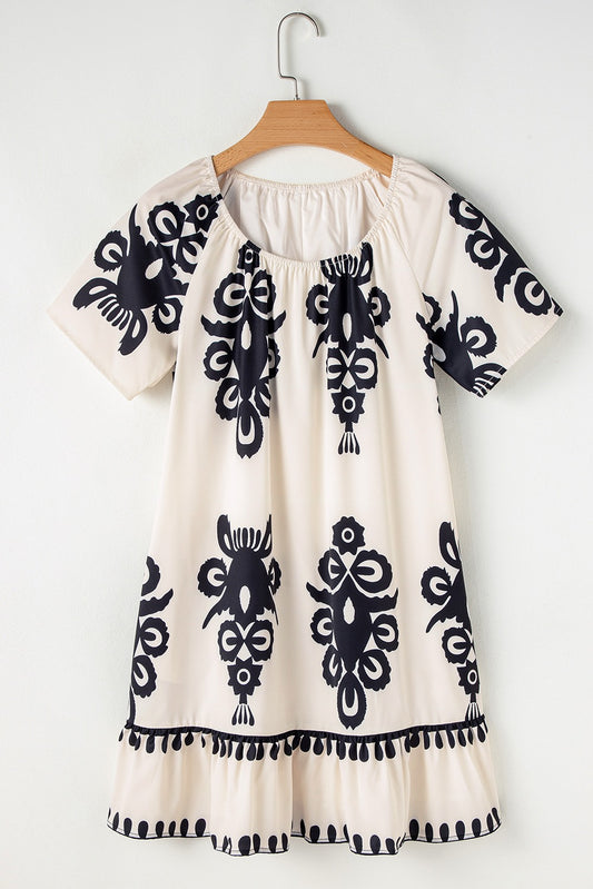 Western Print Ruffle Short Sleeve Dress