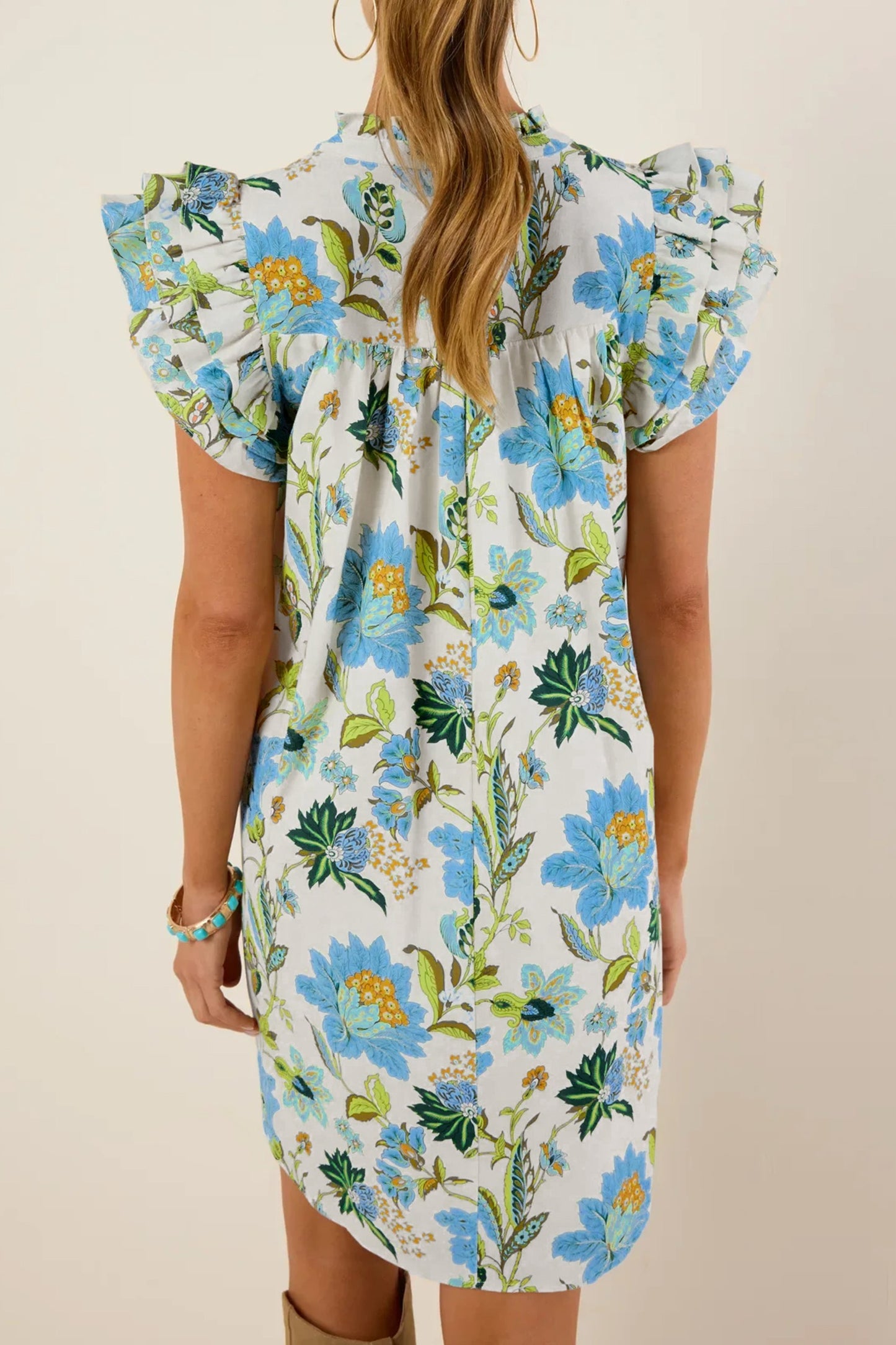 Beige Floral Print V Neck Triple Ruffle Short Sleeve Shift Dress
