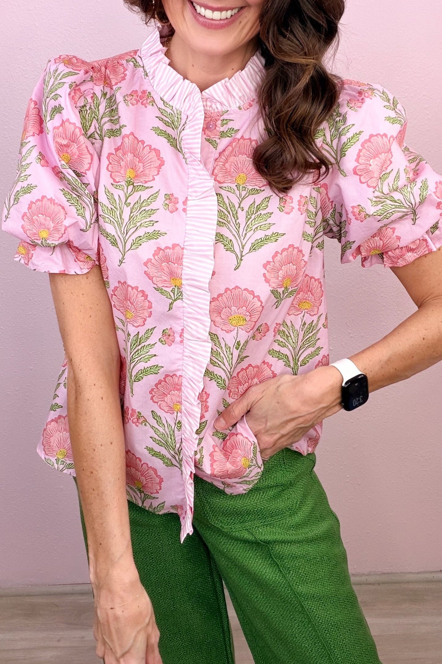 Sweet Blooms Ruffle Striped Trim Top