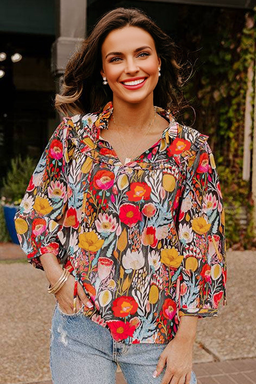 Black Floral 3/4 Puff Sleeve Tied Neck Blouse