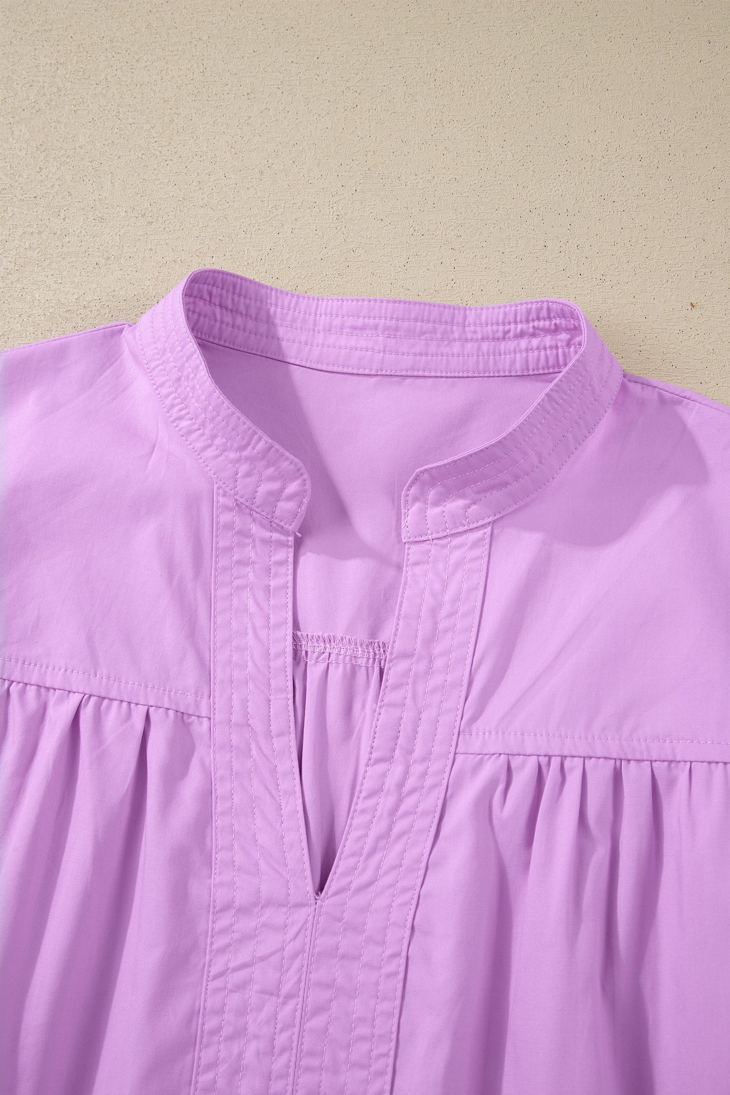 Purple Stitched Detail V Neck Puffy Half Sleeve Blouse