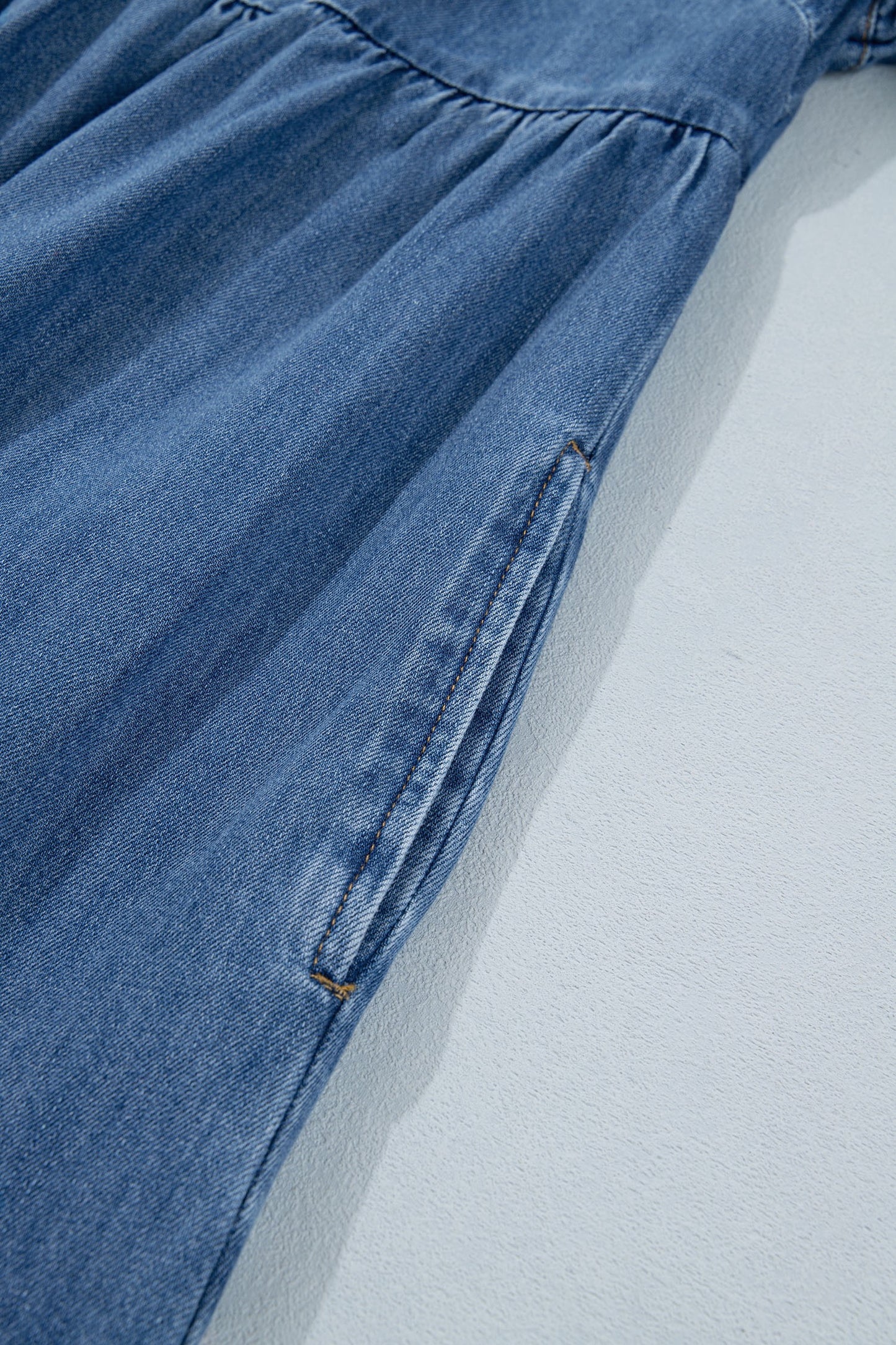 Square Neck Short Puff Sleeve Denim Dress