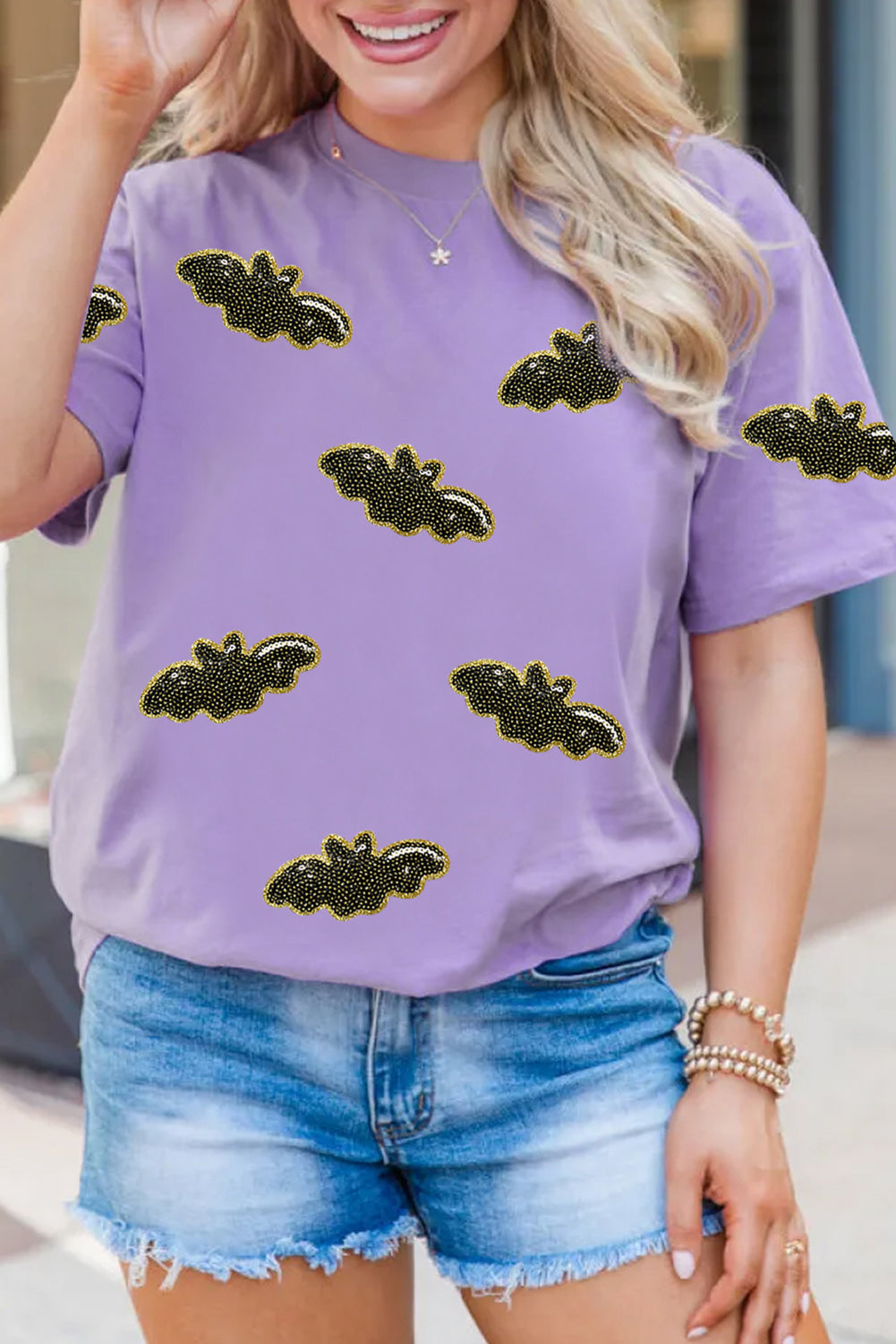 Wisteria Sequin Halloween Bat Patched Casual Shirt
