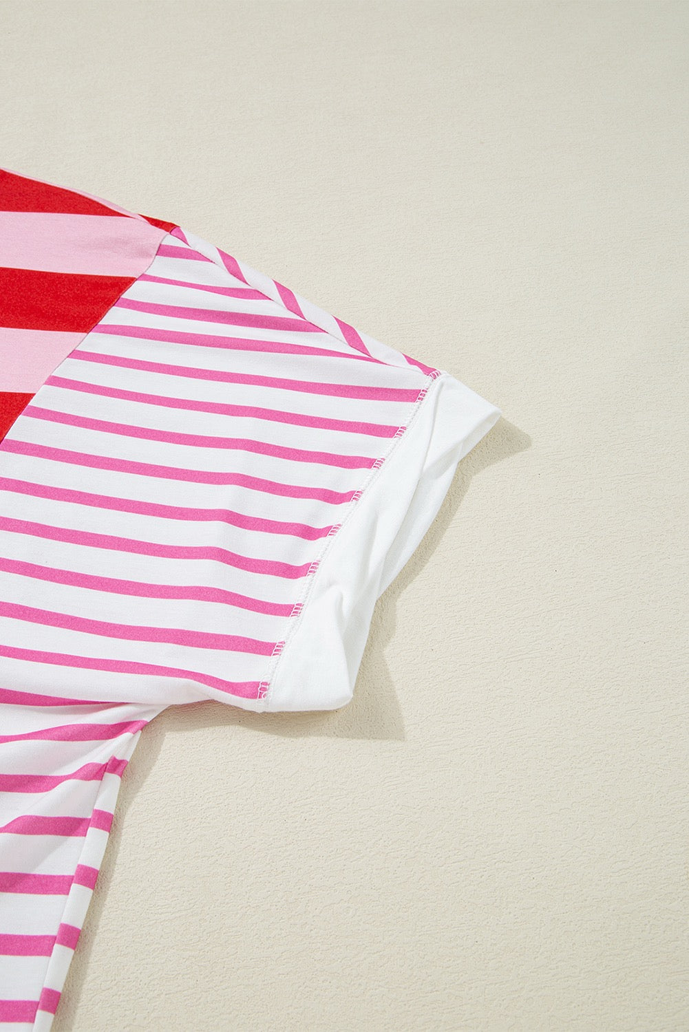 Pink Stripe Patchwork Round Neck Side Split Loose Tee