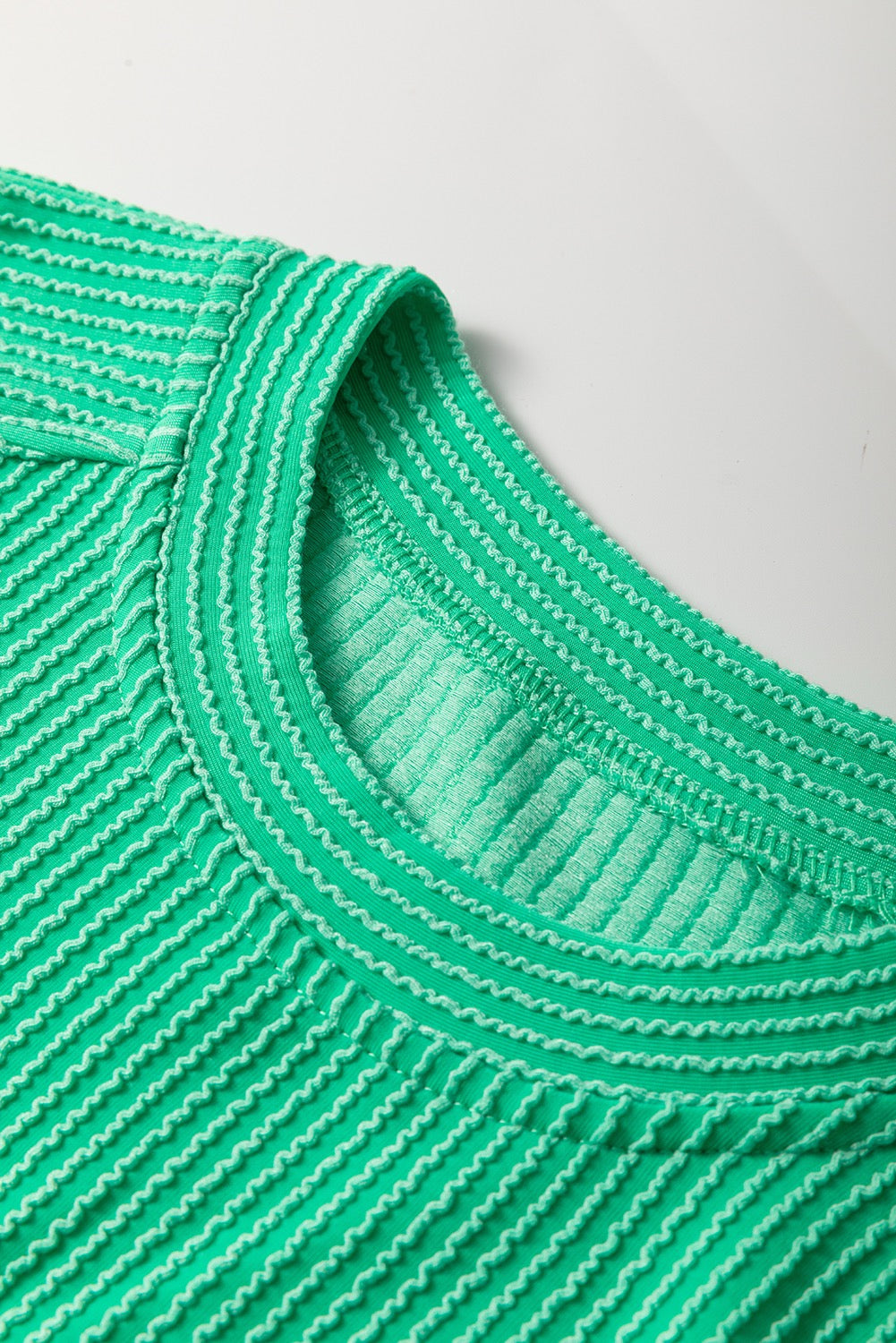 Solid Green Corded Knit Short Sleeve T Shirt and Wide Leg Pants Set