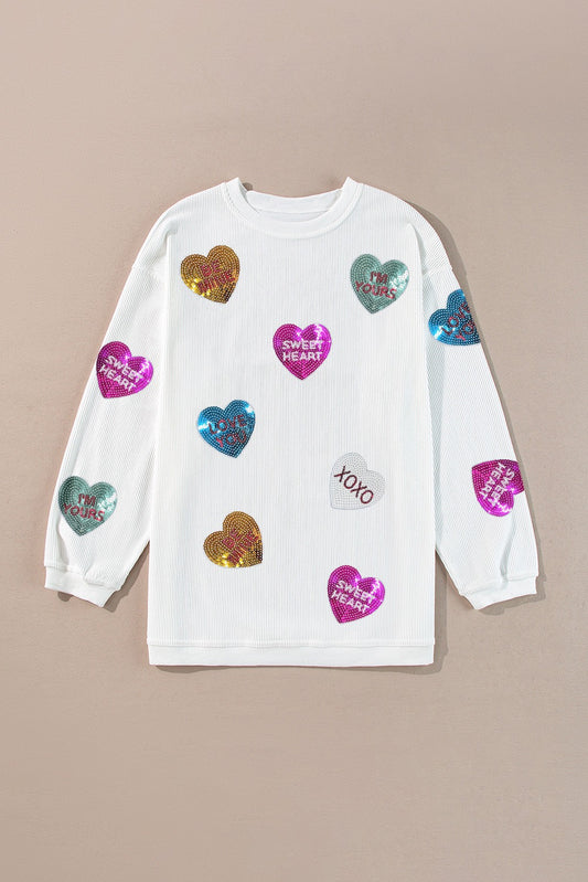 White Corded Sequin Hearts Sweatshirt