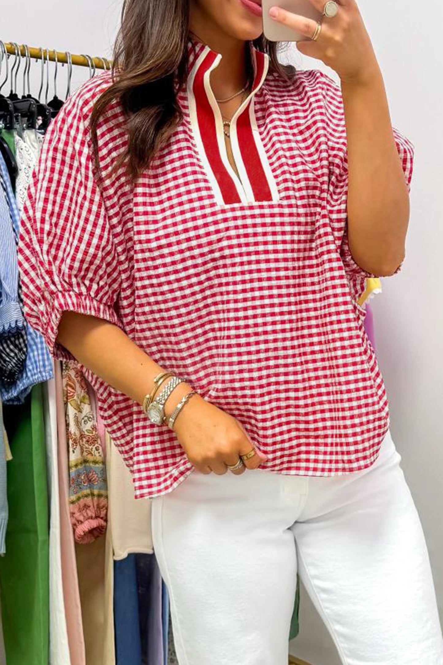 Red Plaid Short Sleeve Colorblock Trim Blouse
