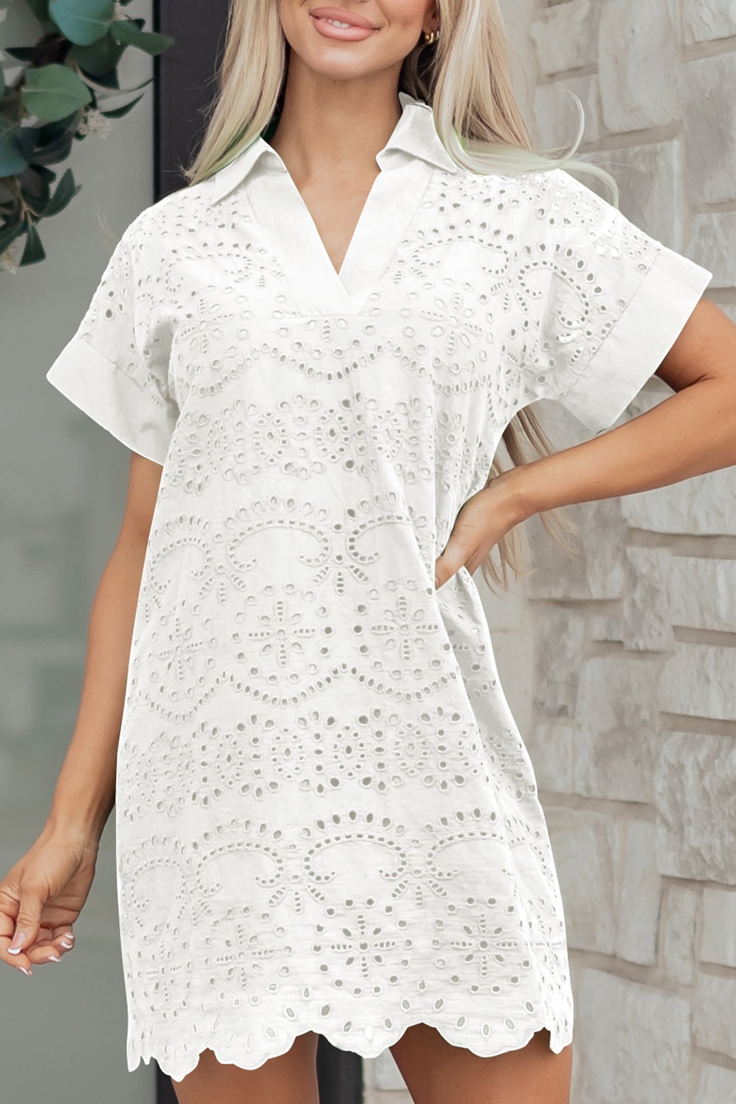 White Eyelet Embroidered Shirt Dress