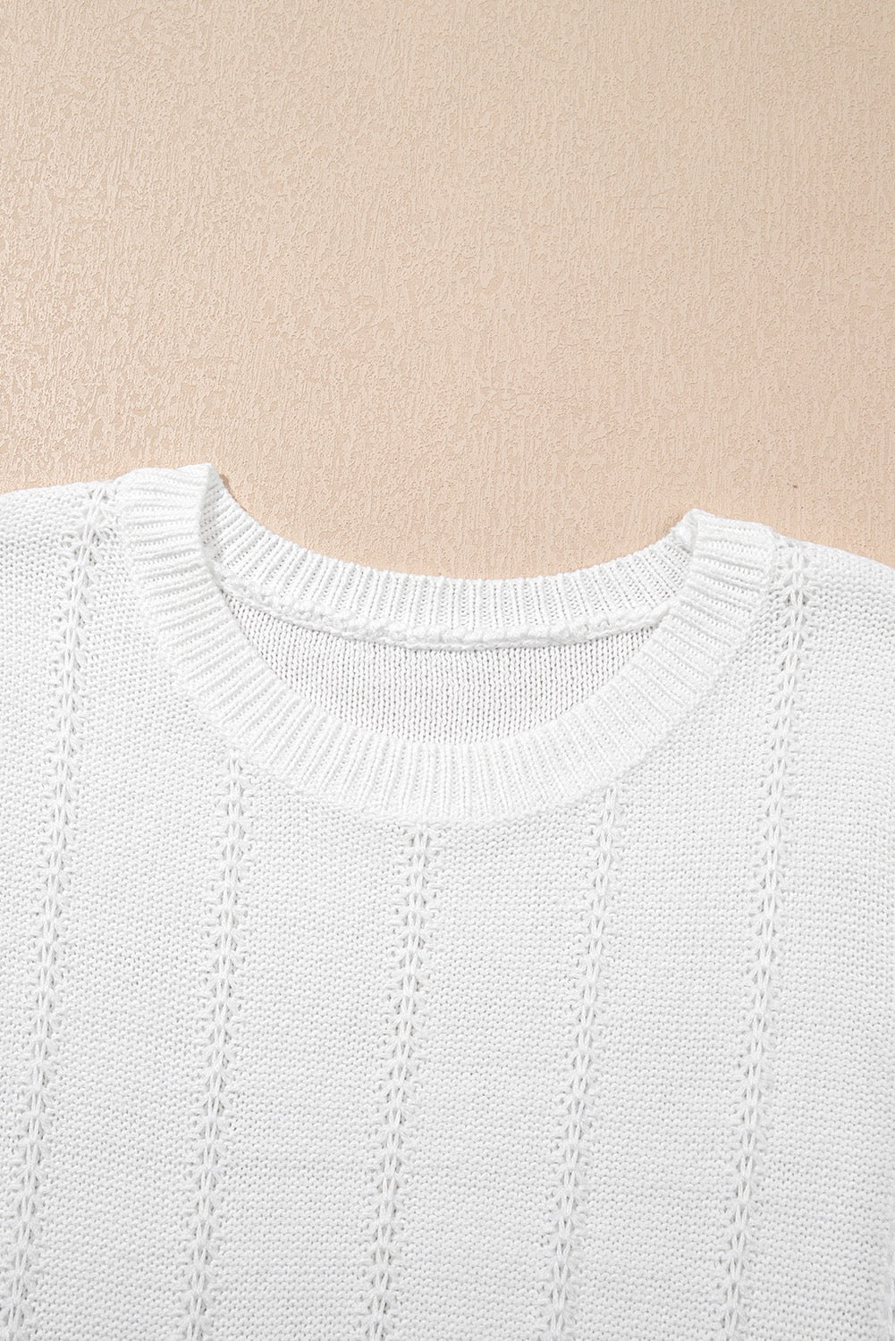 White Pointelle Knit Short Puff Sleeve Crewneck Sweater