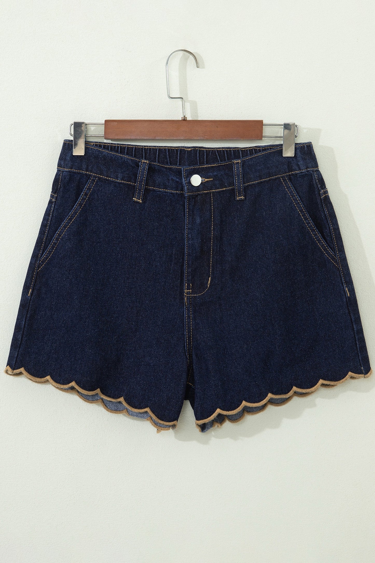 Dark Wash Embroidered Scalloped Trim Denim Shorts