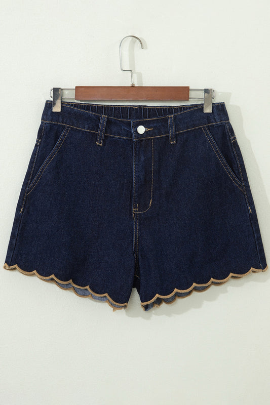 Dark Wash Embroidered Scalloped Trim Denim Shorts