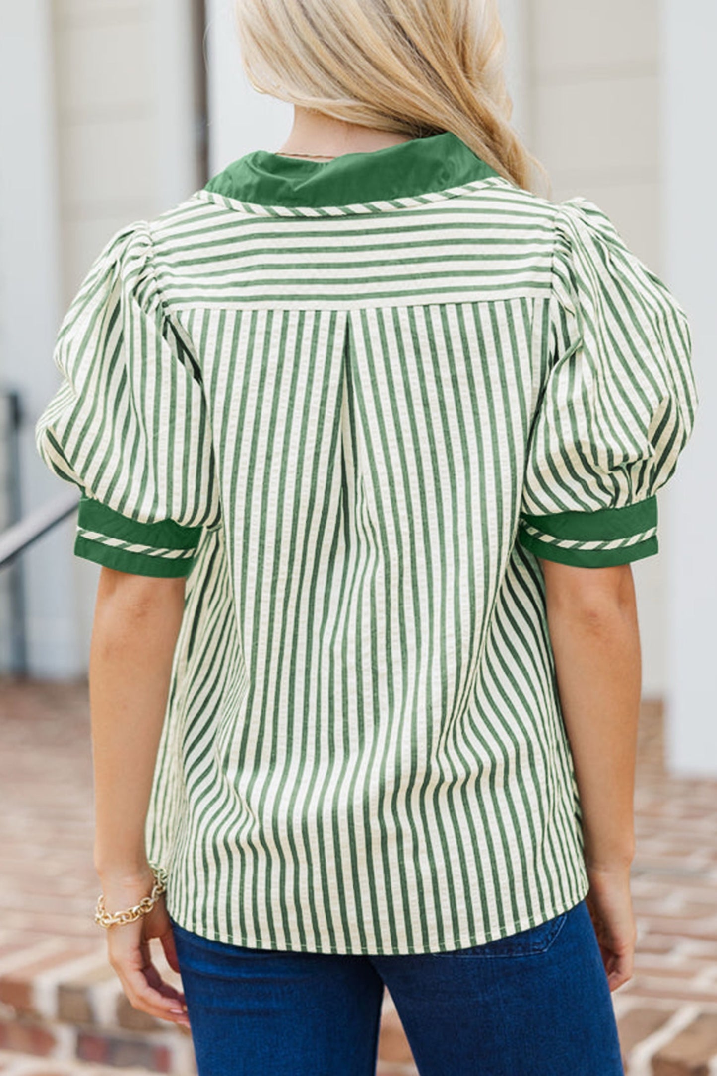 Green Stripe Double Ruffled Short Sleeve Top