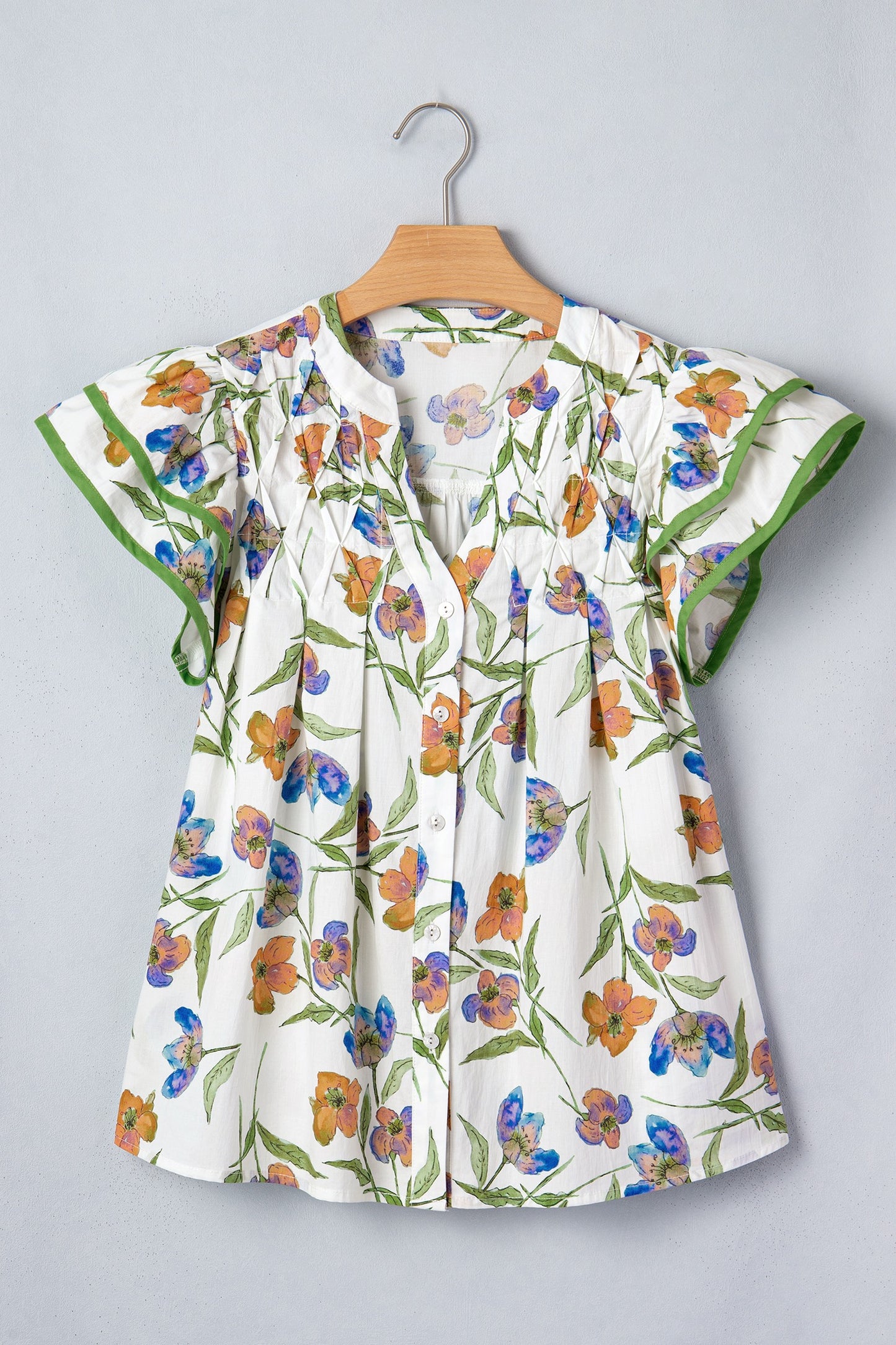 Green Floral Print Ruffle V-Neck Pressed Pleats Blouse