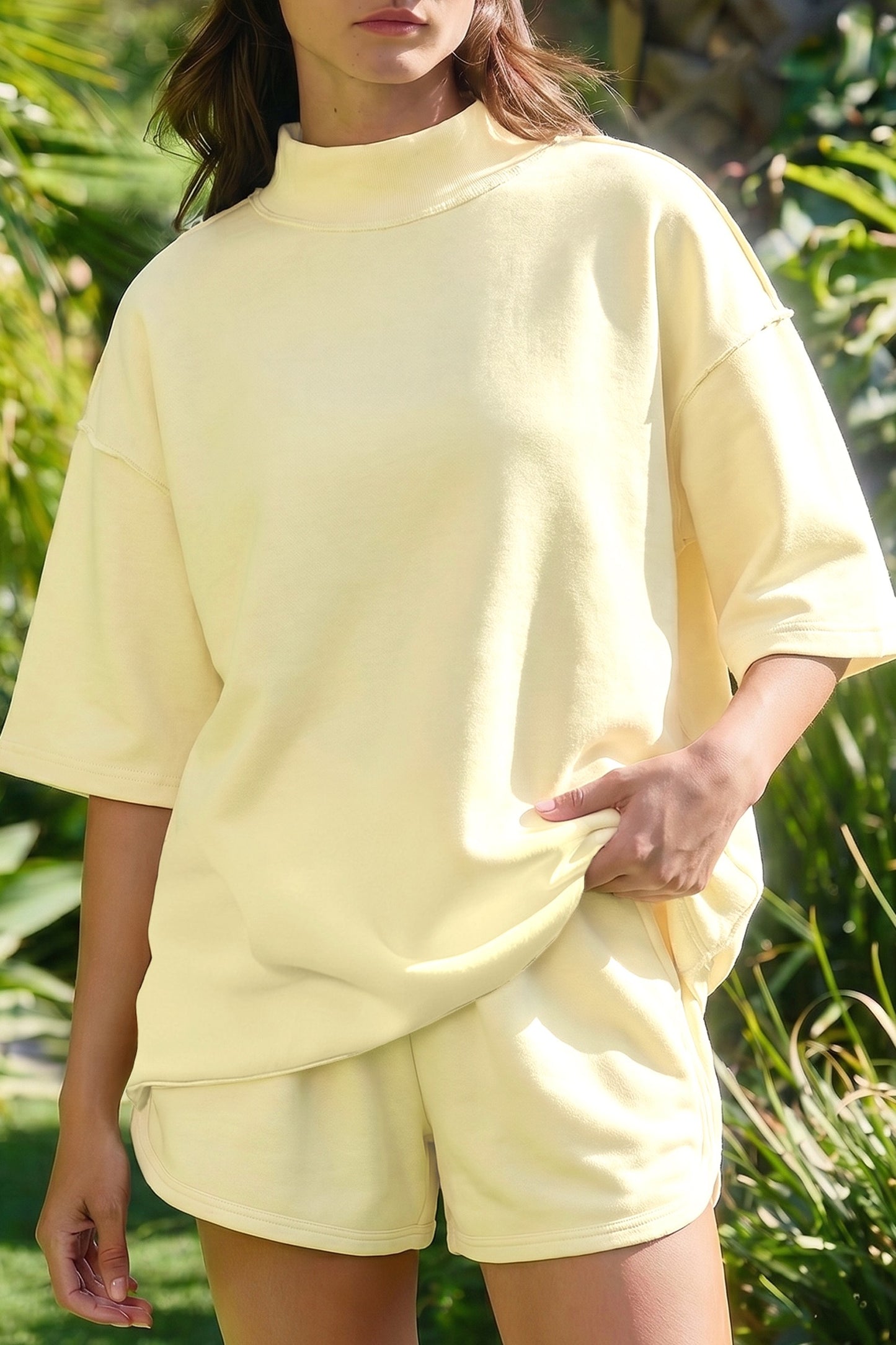 Yellow Cream Solid Color Exposed Seam Mock Neck Oversize Tee Casual Shorts 2pcs Set