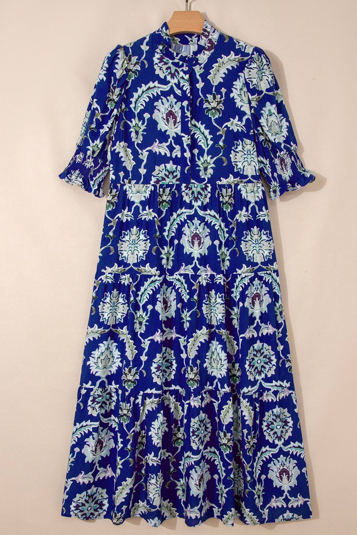 Blue Wild Floral Print Frilled Collar Half Sleeve Maxi