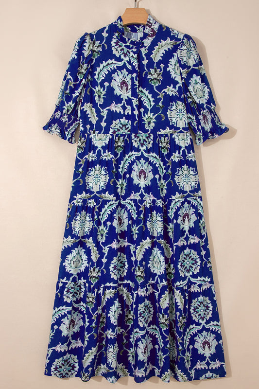 Blue Wild Floral Print Frilled Collar Half Sleeve Maxi
