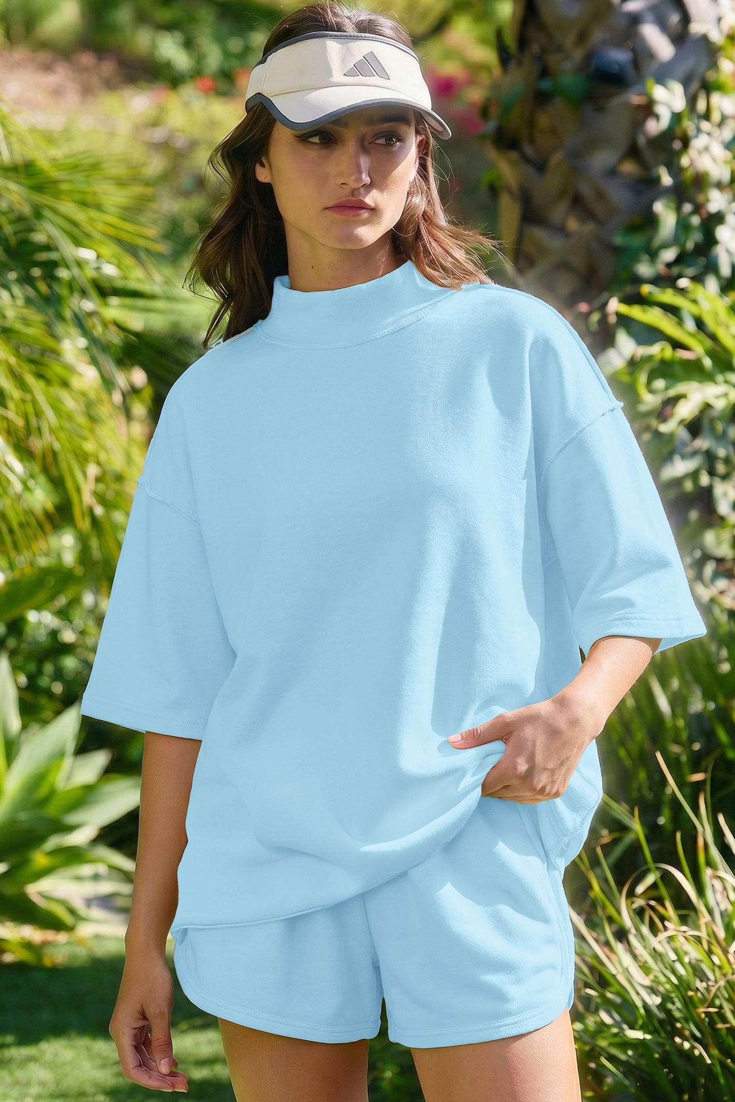 Blue Cream Solid Color Exposed Seam Mock Neck Oversize Tee Casual Shorts 2pcs Set