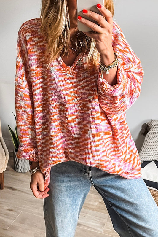 Orange Vibrant Abstract Print Drop Shoulder V Neck Tunic Oversized