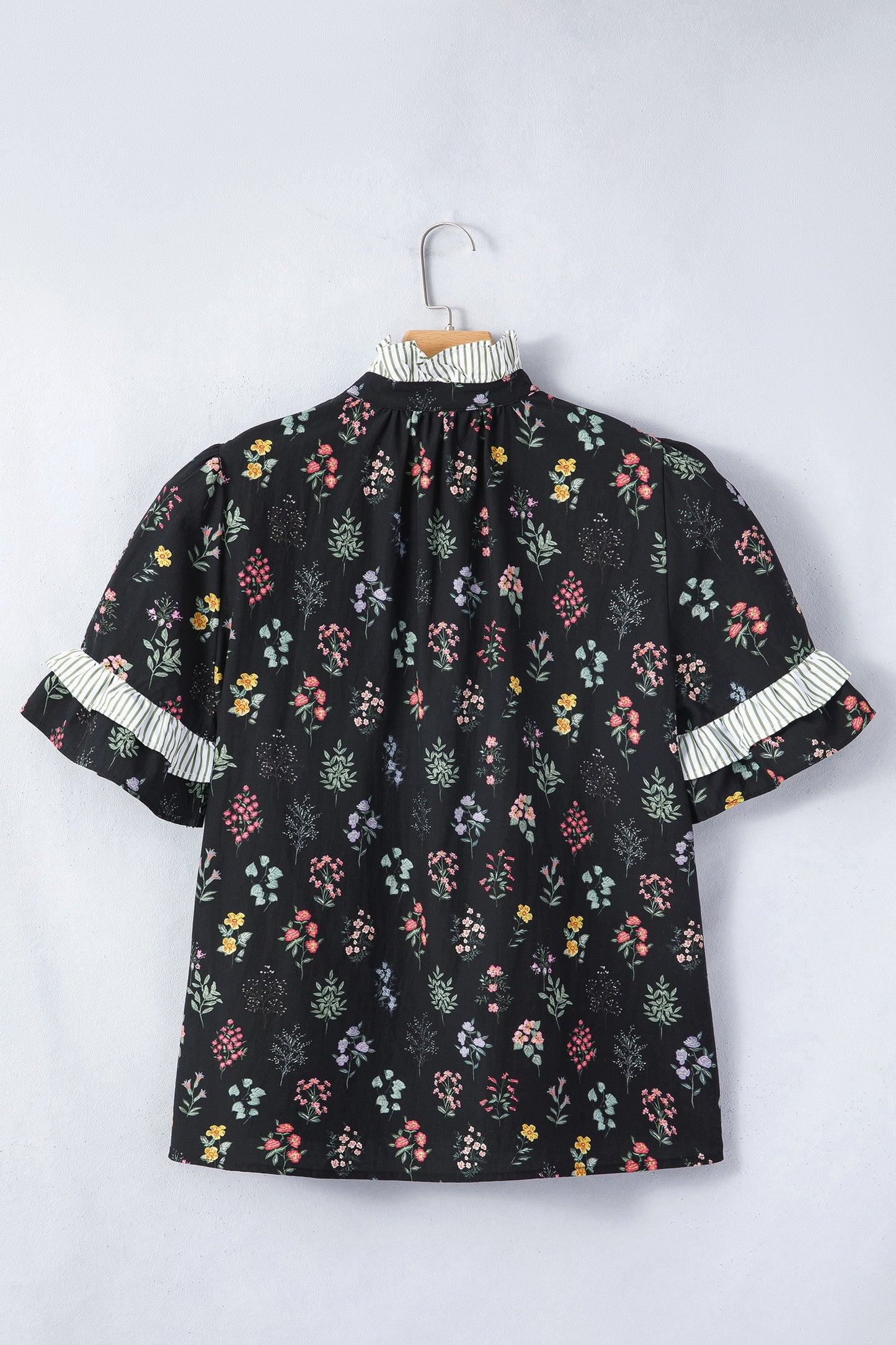 Black Floral Stripe Frill Trim Top