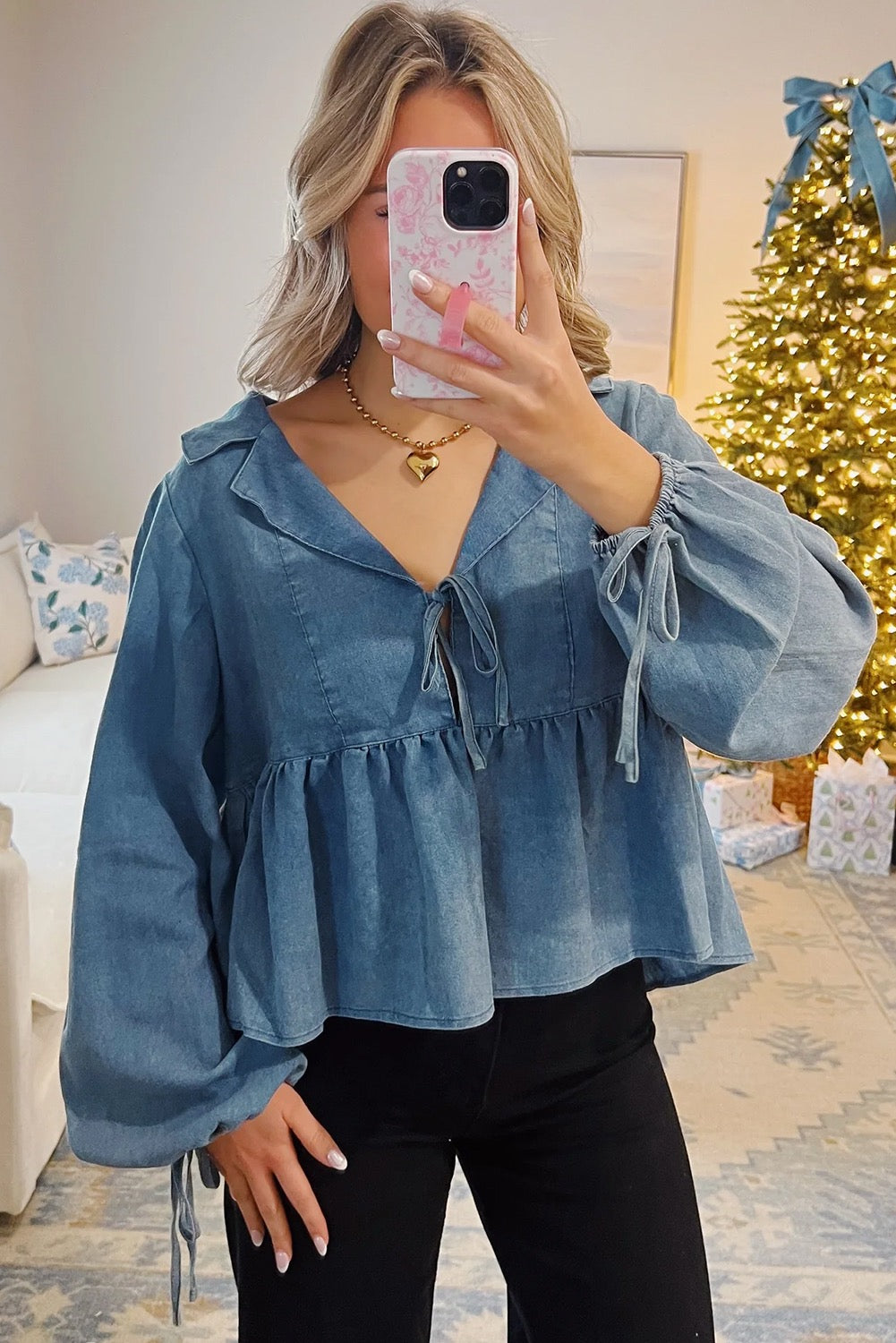 Dusk Blue Denim Lapel Neck Balloon Sleeve Tied Peplum Top