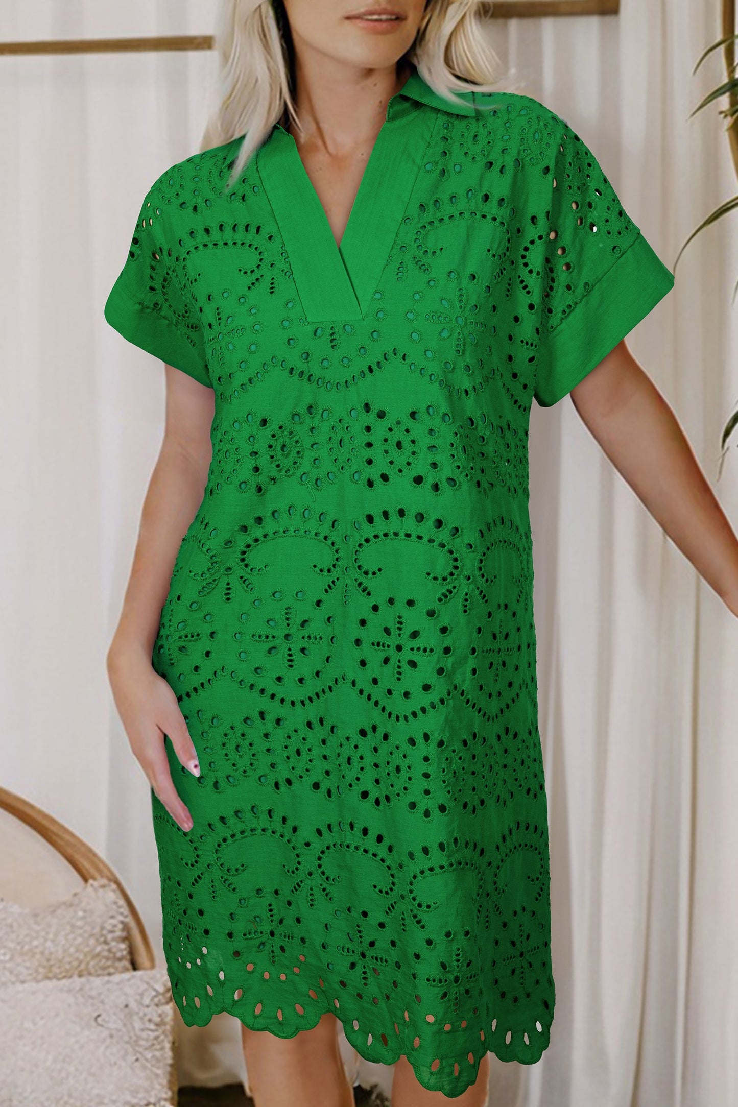 Green Eyelet Embroidered Shirt Dress